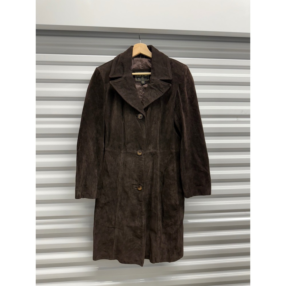 Y2K vintage Express Vintage Brown Suede Leather Trench Coat Jacket Womens Small